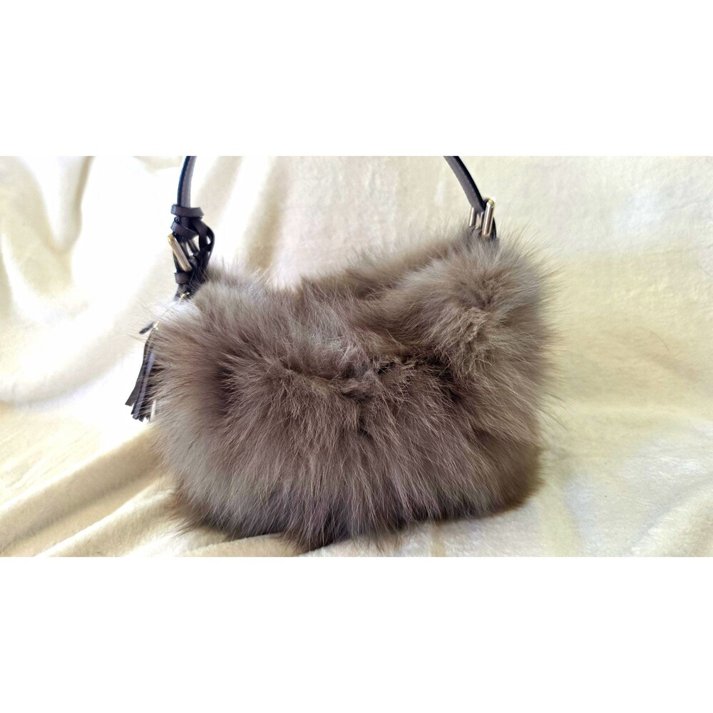 VTG Castellari Milano Italy Genuine Fox Fur Leather Handbag Gray Y2K Luxury